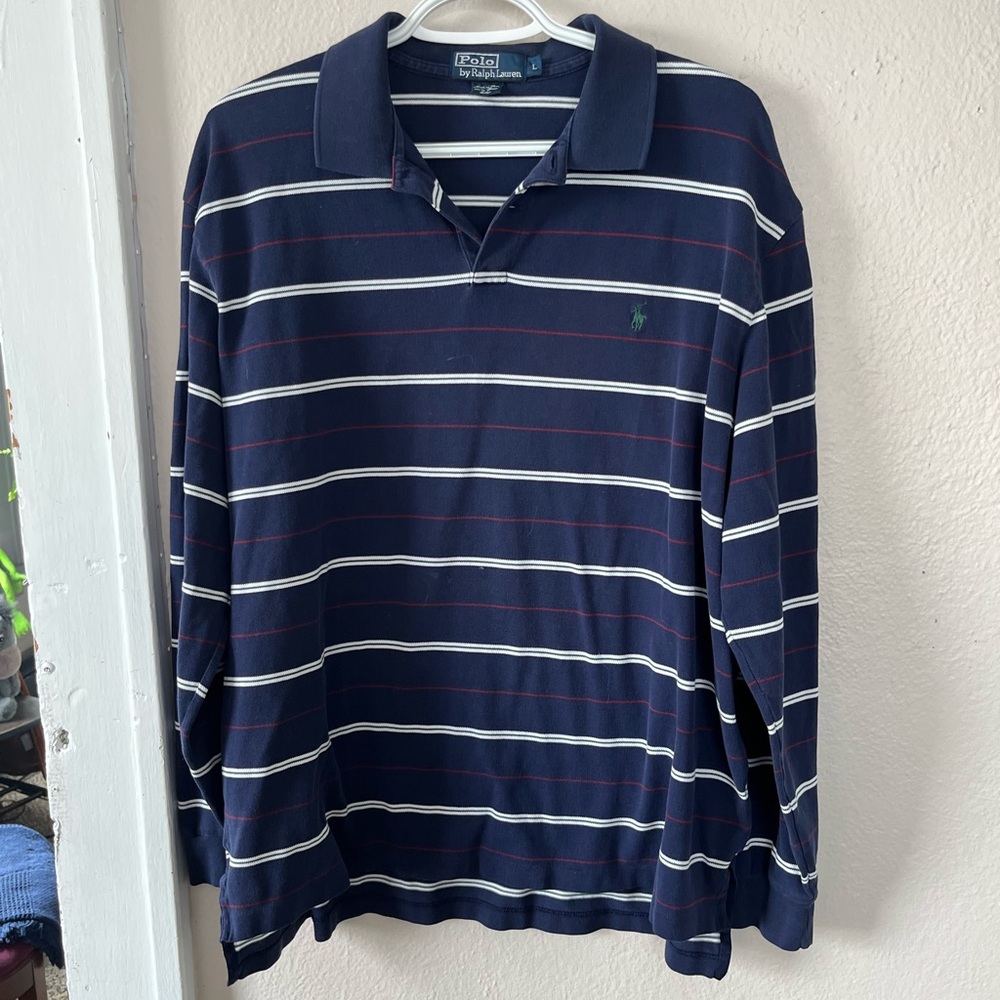 Ralph Lauren Navy Long-Sleeve Striped Polo with White and Red Accents